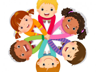 Group of children putting hands together on white background