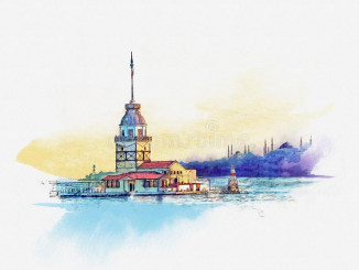 πύργος-κοριτσιών-στην-αυγή-στη-ιστανμπούλ-τουρκία-σκίτσο-watercolor-130491072