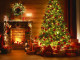interior christmas. magic glowing tree, fireplace, gifts in  dark at night