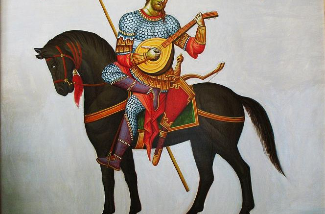 Ο Διγενής έφιππος με το θαμπούρι του, έργο του ζωγράφου Δημήτρη Σκουρτέλη.
Πηγή: Historum