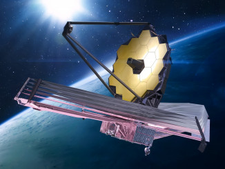 JWST in space near Earth. James Webb telescope far galaxies and planets explore. Sci-fi space collage. Astronomy science. Elements of this image furnished by NASA