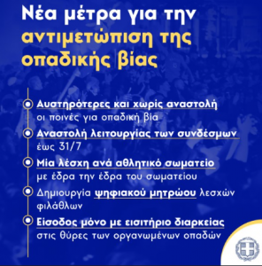 Ανακοίνωση πρόσφατων κυβερνητικών μέτρων μετά τον θάνατο αστυνομικού έξω από γήπεδο από νεαρούς οπαδούς.