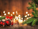Red Christmas Balls on Old Wood with Christmas lights