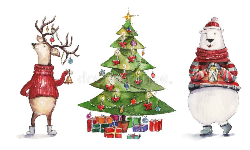χριστουγεννιάτικη-ζωγραφική-με-χριστουγεννιάτικο-δέντρο-ελάφια-165992290