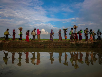 FILE PHOTO: Rohingya refugees are reflected in rain water along an embankment next to paddy fields after fleeing from Myanmar into Palang Khali