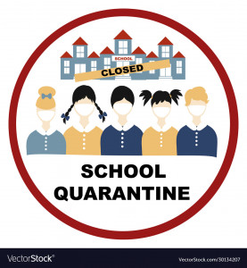 Coronavirus, Closing school, quarantine red sign, coronavirus concept Novel coronavirus 2019-nCoV, covid-19, schoolchildren in white medical face mask and the school building with the sign is closed